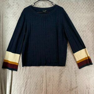 Cliche Womens L Sweater Navy Blue Wool Blend Chunky Knit Wide Sleeve 70s Style